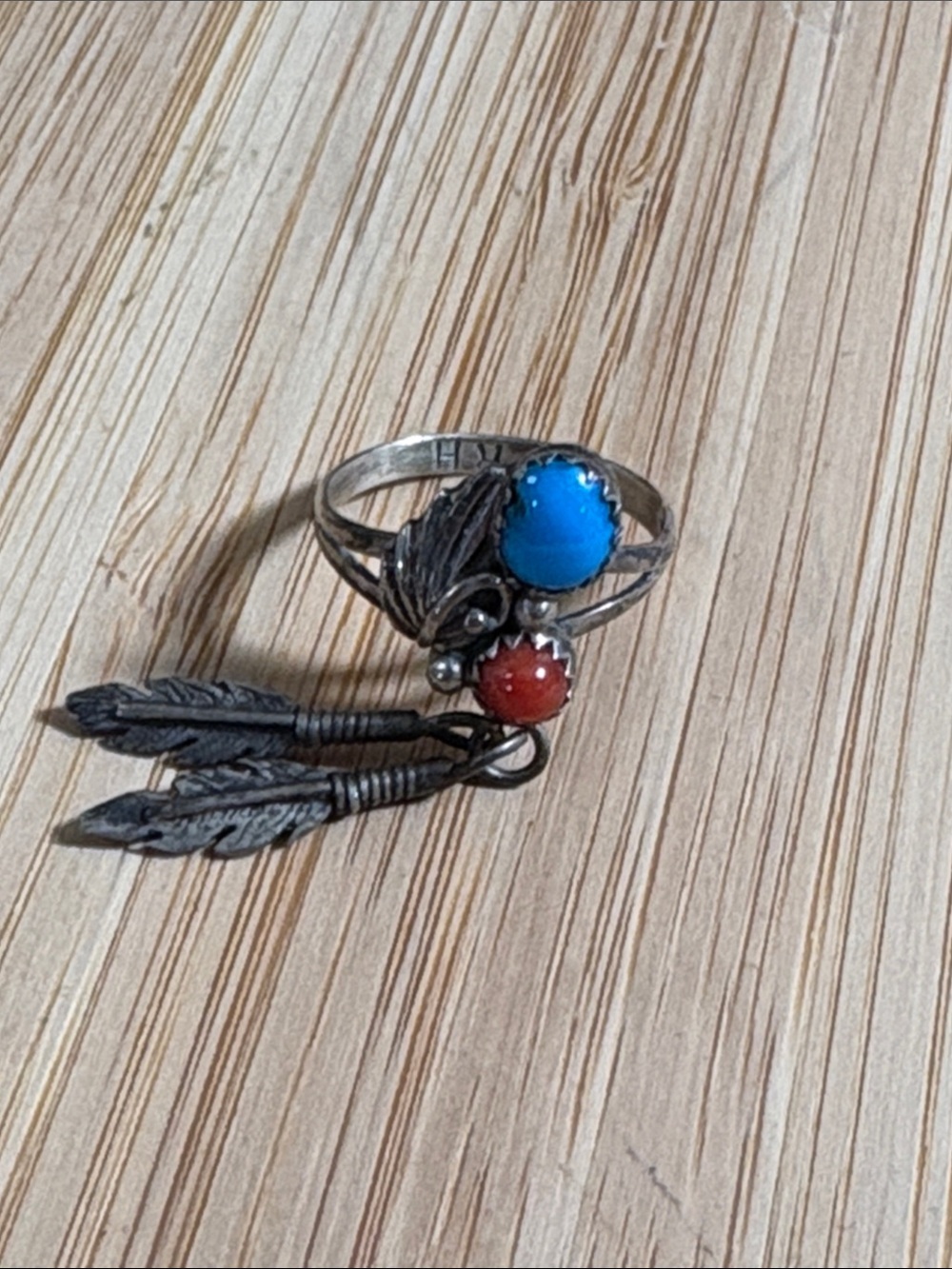 Vintage Sterling Silver Turquoise Coral Feather Dangle Ring Signed RH Ethnic 7
